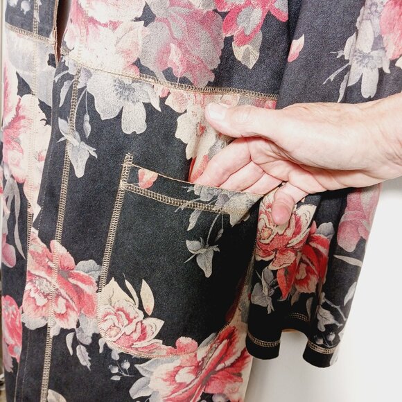 Solitaire, Anthropologie, Faux Suede Open Long Jacket, Gray/Brown w/ Floral, MED - Picture 9 of 16